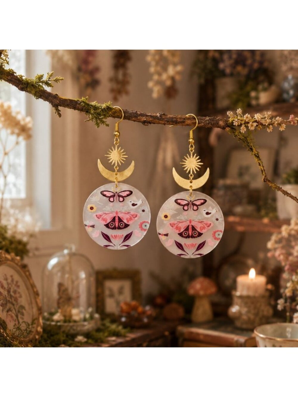 Moth Moon Earrings Celestial Earrings Acrylic Moth Earrings Cottagecore Earrings